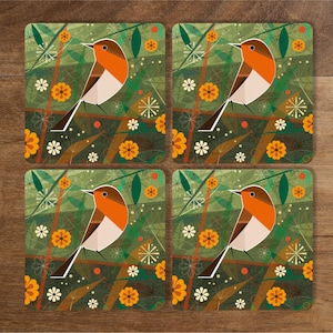 Robin in the Woods Drinks Coasters - British Birds, retro midcentury 1960s Illustration - bird drinks coasters - homewares
