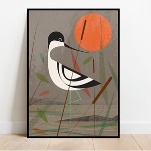 Avocet wading in the shallows, retro midcentury 1960s Illustration print/poster bird poster nature print image 1