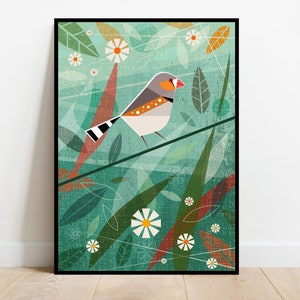 Zebrafink auf einer Sommerwiese, retro midcentury 1960s Illustration Druck/Poster - Vogel Poster - Naturdruck