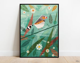 Zebra Finch in a summer meadow, retro midcentury 1960s Illustration print/poster - bird poster - nature print