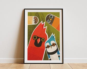 Nosy American Birds Art Print: Retro Mid-Century Illustration