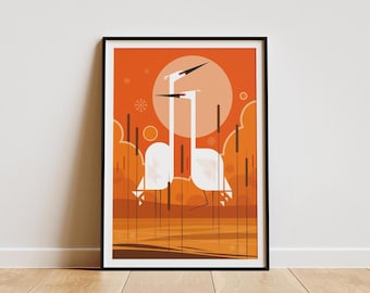Egrets Lake Scene Print: Retro Mid-Century Bird Illustration
