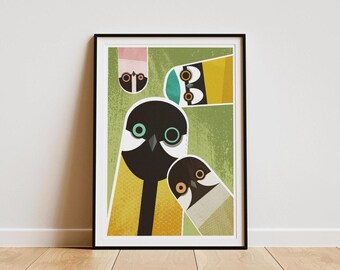 Nosy Tits Bird Art Print: Retro Mid-Century Illustration