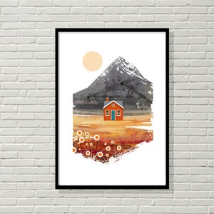 Orange Scandinavian cabin in the mountains, retro midcentury 1960s scandi Illustration print/poster Architecture print image 2