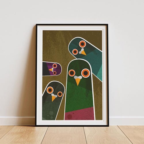 Nosy Pigeons Art Print: Retro Mid-century Illustration - Etsy