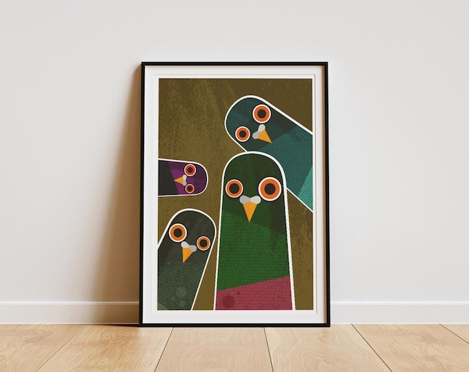 Nosy Pigeons Art Print: Retro Mid-Century Illustration