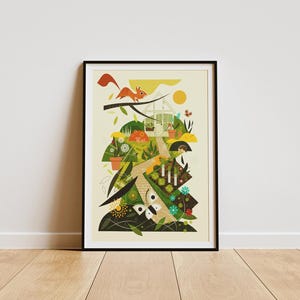 Sommer im Gewächshaus Garten Druck, Retro Midcentury 1960er Illustration Druck/Poster - Vogel Poster - Naturdruck