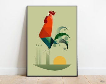 Rooster crowing at dawn, retro midcentury 1960s Illustration print/poster - bird poster - chicken cockerel print