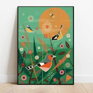 Britische Vögel in einer Sommerwiese, retro midcentury 1960er Jahre Illustration Druck/Poster - Vogel Poster - Naturdruck