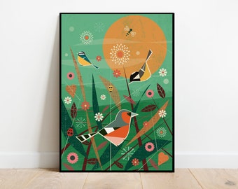 Mid-Century British Birds Print: Retro 1960s Summer Meadow Illustration