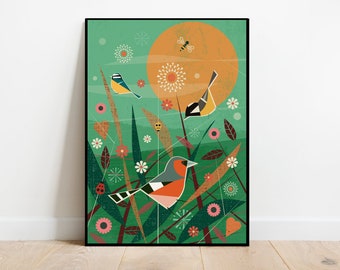 British Birds in a summer meadow, retro midcentury 1960s Illustration print/poster - bird poster - nature print