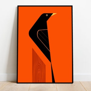 Blackbird on a tree stump, retro midcentury 1960s Illustration print/poster - bird poster - nature print 4 colours available