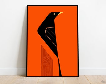 Blackbird on a tree stump, retro midcentury 1960s Illustration print/poster - bird poster - nature print 4 colours available