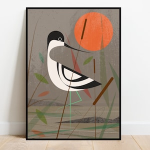 Avocet wading in the shallows, retro midcentury 1960s Illustration print/poster bird poster nature print image 3