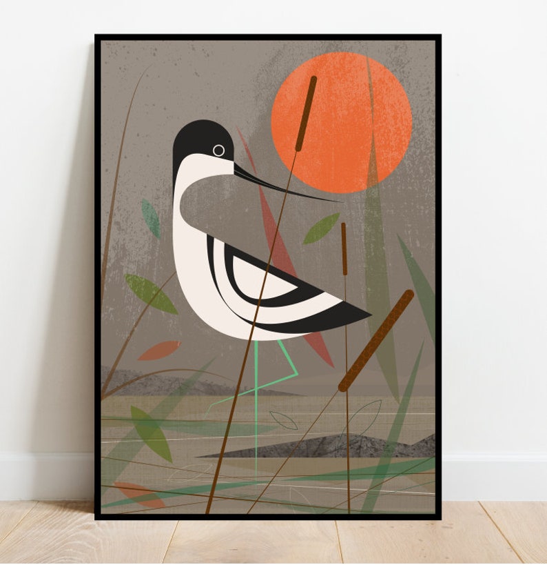 Avocet wading in the shallows, retro midcentury 1960s Illustration print/poster bird poster nature print image 3