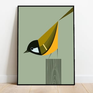 Kohlmeise auf einem Baumstumpf, retro midcentury 1960er Jahre Illustration Druck/Poster - Vogel Poster - Naturdruck 4 Farben erhältlich