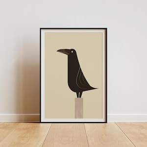 Simple corbeau sur une souche, impression/affiche rétro du milieu du siècle des années 1960 - affiche d'oiseau
