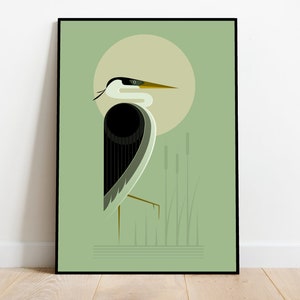 Heron in the reeds, retro midcentury 1960s Illustration print/poster bird poster nature print image 1