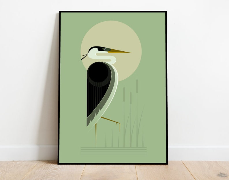 Heron in the reeds, retro midcentury 1960s Illustration print/poster bird poster nature print image 1