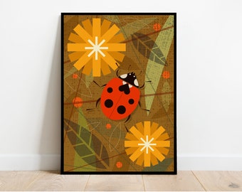 Ladybird in the leaves, retro midcentury 1960s Illustration print/poster - nature poster - ladybug print