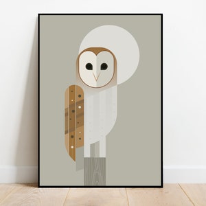 Barn Owl in the moonlight, retro midcentury 1960s Illustration print/poster - bird poster - nature print