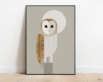 Retro Barn Owl in Moonlight Print - Whimsical Bird Art, Nature Wall Decor