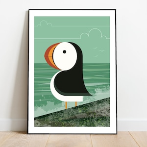 Frailecillo colorido sobre una roca - Ilustración de pájaro retro - Decoración de pared única - Arte de pared - Regalo para amantes de las aves