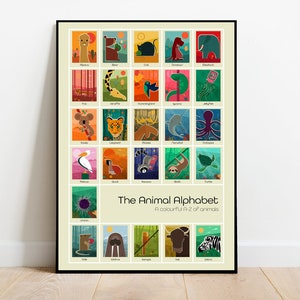El alfabeto animal, A-Z de animales imprime retro mediados de siglo 1960 Ilustración impresión/póster animales scandi - cartel infantil, impresión infantil