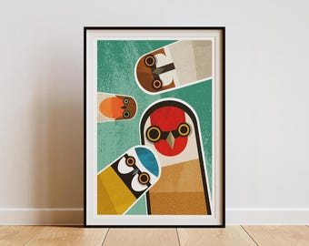 Nosy Garden Birds Art Print: Retro Mid-Century Illustration