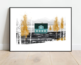 May include: A teal blue house with a green roof and white windows sits in a snowy landscape. The house is surrounded by trees with gold and white accents. The background is a white canvas with a hint of gray.