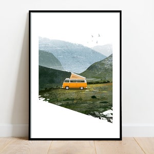 VW Camper van in the mountains, retro midcentury 1960s scandi Illustration print/poster - Architecture print