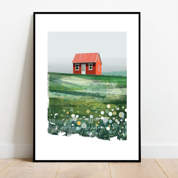 Red Scandinavian cabin in a meadow, retro midcentury 1960s scandi Illustration print/poster - Architecture print