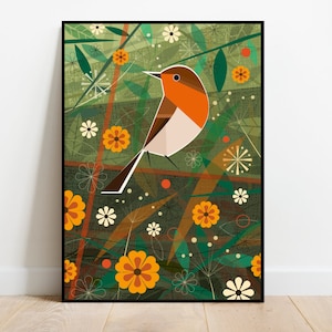 Retro Robin in the woods Art Print - Charming 60s Inspired Bird Illustration - Botanical Forest Poster