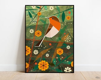 Retro Robin in the woods Art Print - Charming 60s Inspired Bird Illustration - Botanical Forest Poster