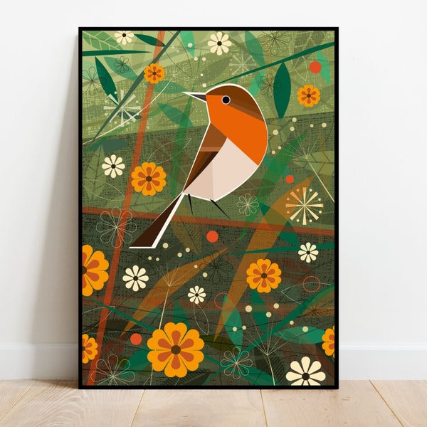 Robin in the woods, retro midcentury 1960s Illustration print/poster - bird poster - nature print