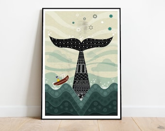 Whale Illustration Print: Retro Mid-Century Seaside Poster