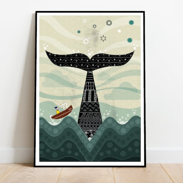 Whale Illustration Print: Retro Mid-Century Seaside Poster