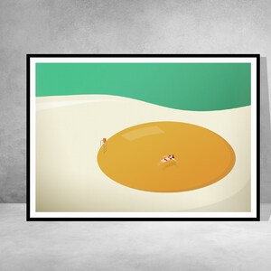 May include: A framed art print featuring a minimalist illustration of a person floating in a large, orange pool. The pool is set against a light beige background, with a green horizon line. The artwork is framed in black.