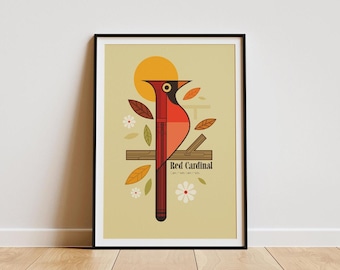 Stylised Red Cardinal Art Print: Retro Mid-Century Illustration