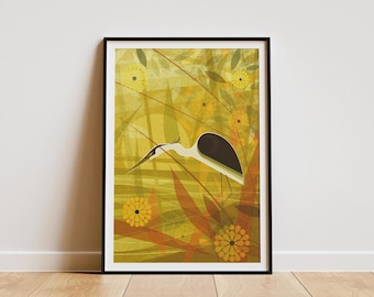 Heron Lake Illustration Print: Retro Mid-Century Bird Poster