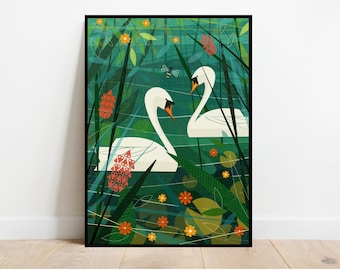 Pair of Swans on Water Print - Nostalgic Bird Art - Unique Wall Decor
