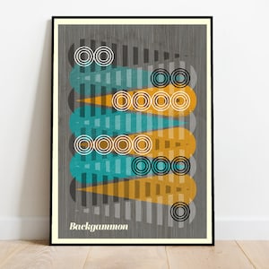 May include: Abstract geometric art print with a gray background, teal and yellow shapes, and white and black circles. The print has the text "Backgammon" at the bottom.