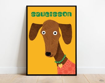 Sausage Dog in a jumper yellow, retro midcentury 1960s Illustration print/poster animals scandi - animal print - dachsund art - dog poster