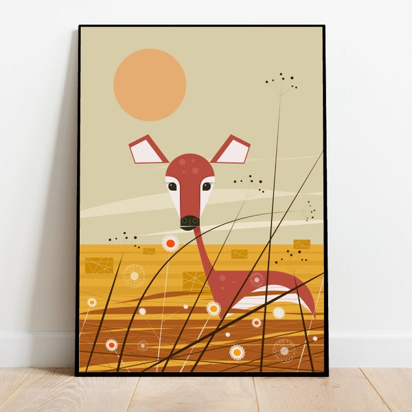 Mid-Century Deer Print: 1960s Retro Illustration, Nature Landscape