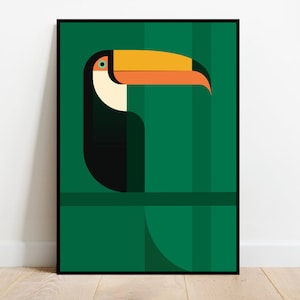 Tukan im Wald, retro midcentury 1960s Illustration Druck/Poster - Vogel Poster - Naturdruck in 4 Farben erhältlich