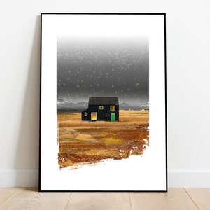 Black Scandinavian cabin in the snow, retro midcentury 1960s scandi Illustration print/poster - Architecture print