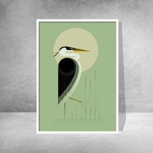 Heron in the reeds, retro midcentury 1960s Illustration print/poster bird poster nature print image 2