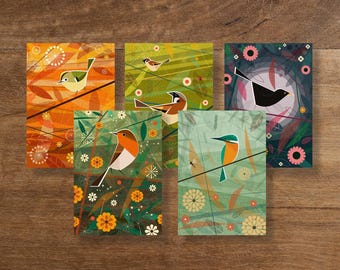 Charming Bird-Themed Greetings Cards Bundle No.3 - Ideal for Christmas or Birthdays, Nostalgic 1960s Design