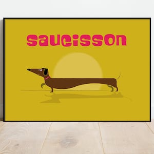 Sausage Dog in Yellow art print - retro midcentury 1960s Illustration print - animal print - dachsund art - dog poster, Dog art