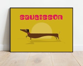 Sausage Dog in Yellow, retro midcentury 1960s Illustration print/poster animals scandi - animal print - dachsund art - dog poster, Dog art